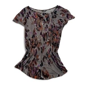 Daisy Fuentes Y2K Women's Size Small Gray Abstract Floral Blouse Cinched Waist